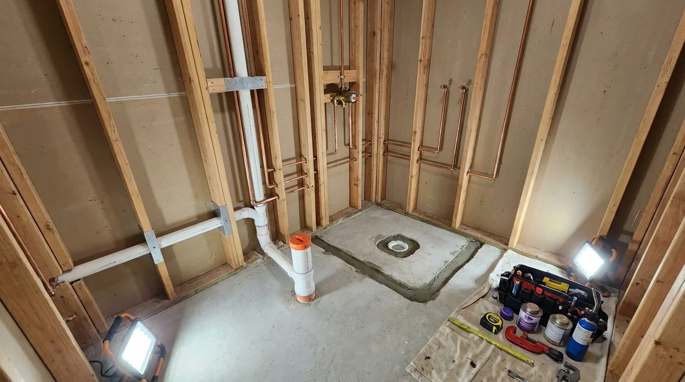 Bathroom rough-in plumbing during remodel by Johns Plumbing LLC in Hayden