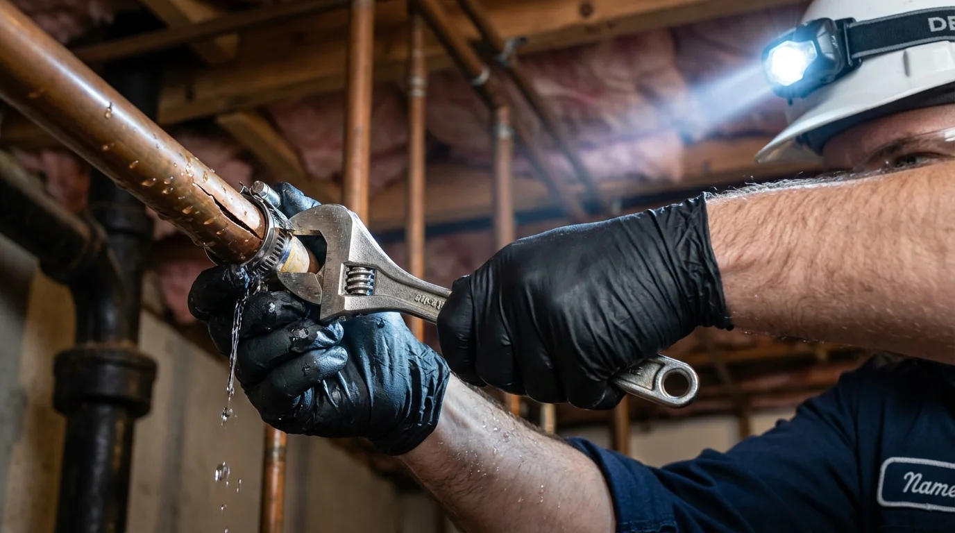 Emergency pipe clamp repair being performed by a Johns Plumbing LLC plumber in Hayden