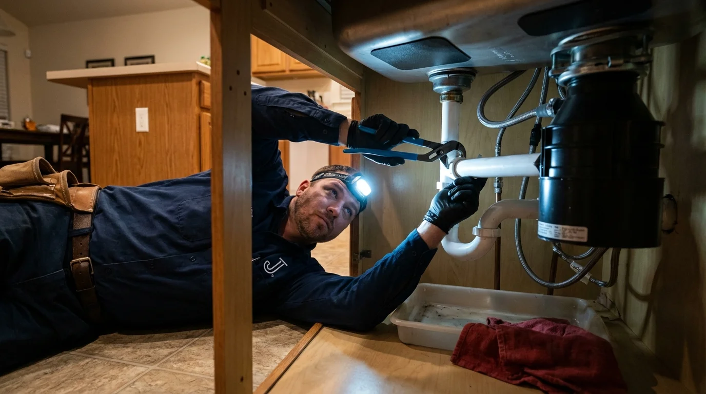 P-trap and supply line connections under a kitchen sink showing a common leak point in Hayden, CO